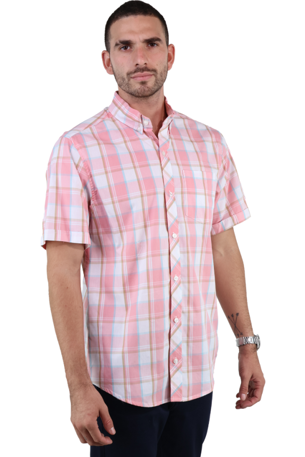 Camisa De Algodón Con Textura De Cuadros Roja Manga Corta Para Hombre